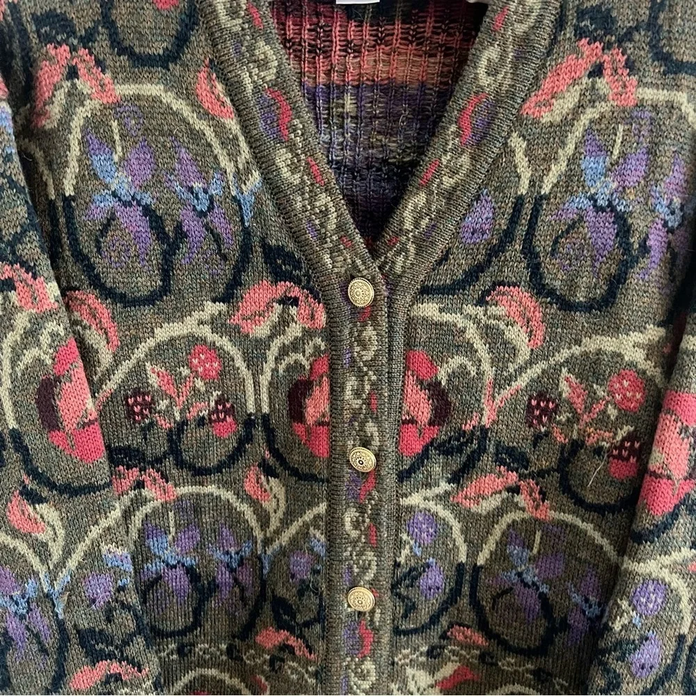 Cherry Lewis Wool Elegant Floral Knit Cardigan Multicolor Womens Medium - Picture 3 of 4